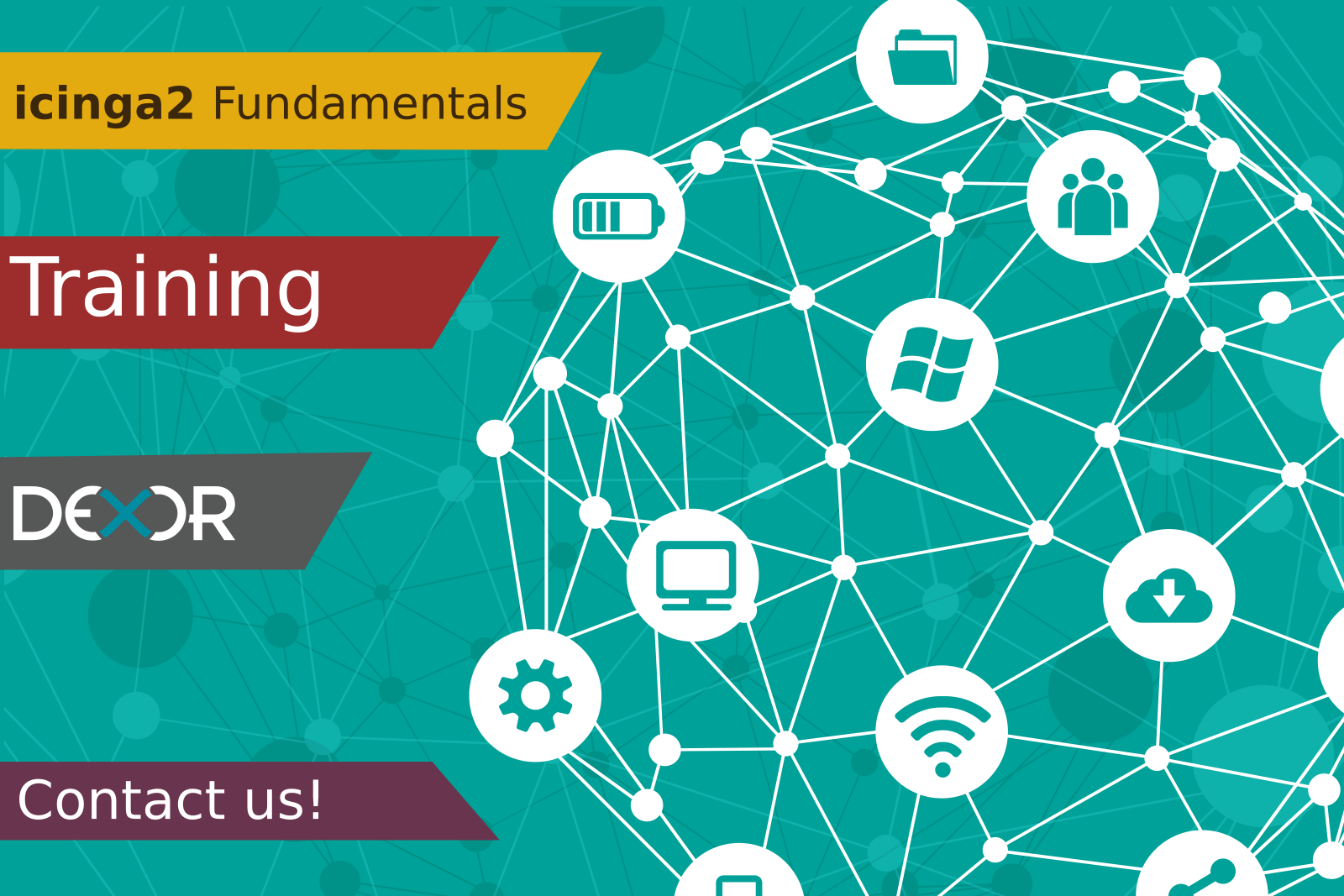 a banner with a connected graph of IoT with an ad of Icinga2 Fundamentals training