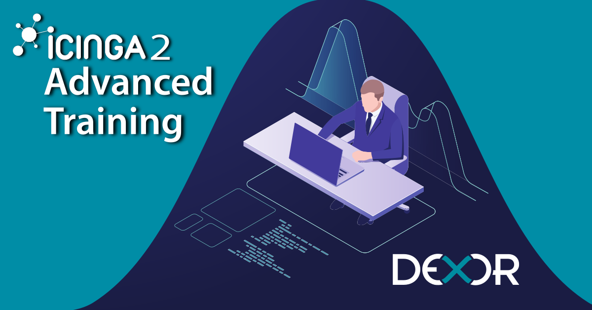icinga2 Advanced Training banner. the person sits in front of the laptop. Dexor logo